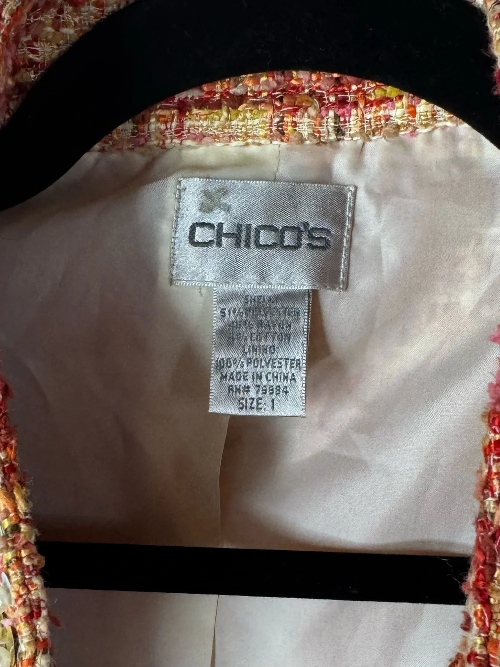 Chico’s Beaded Tweed Jacket Peach Orange Boucle Career Chic SZ 1 Classic Preppy